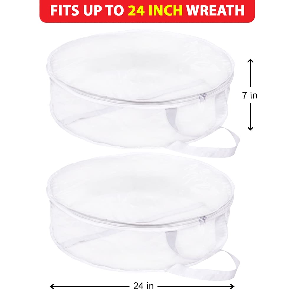 ProPik Christmas Wreath Storage Bag 24" - 2 Pack Clear Xmas Wreath Storage Container - Garland Holiday Artificial Wreath Storage Holder - Water Proof Transparent PVC - with Handles (24 Inch, White)